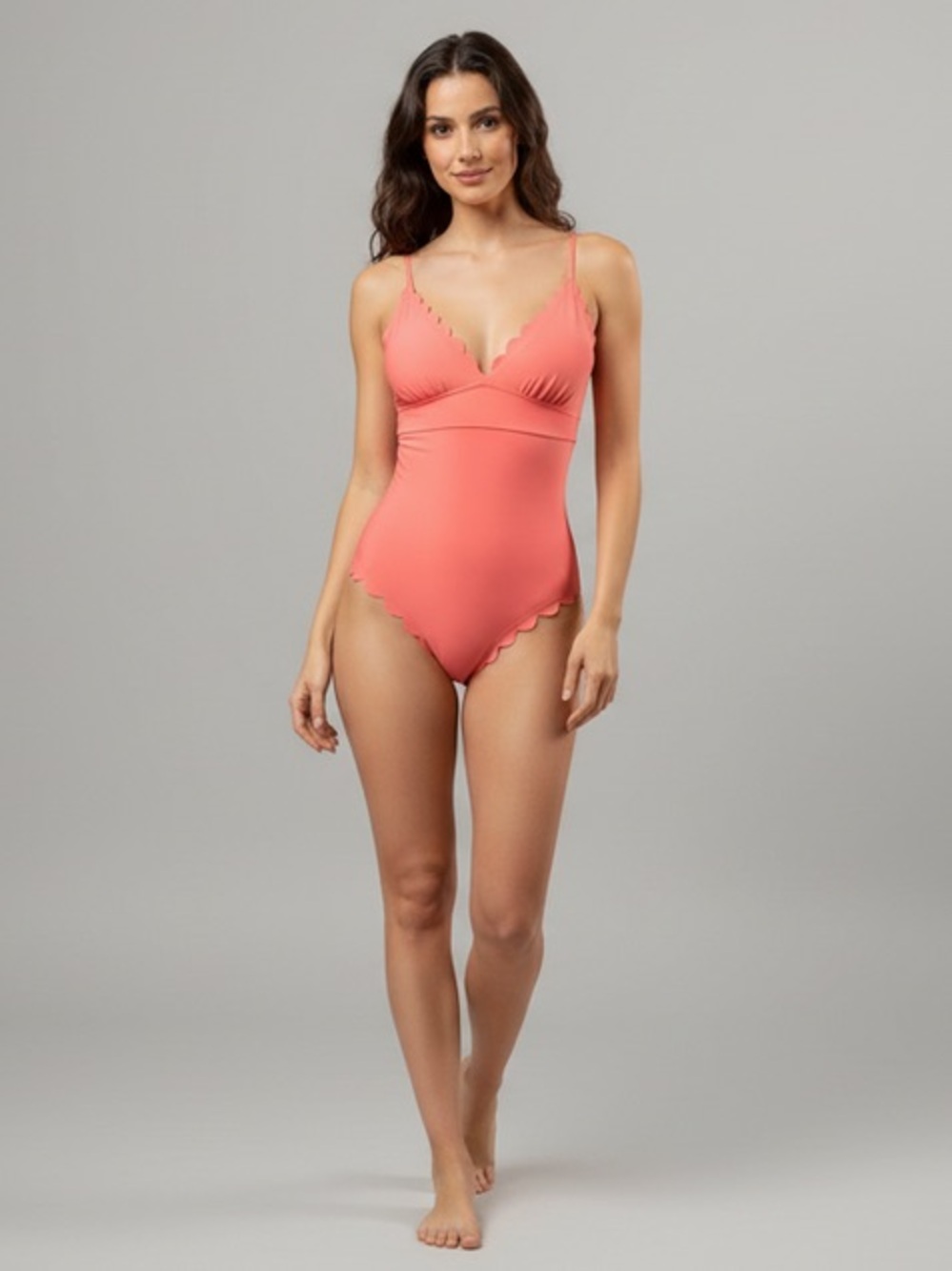 Scalloped Padded High Cut Backless Strappy Monokinis Swimsuit Pink, Salmon color